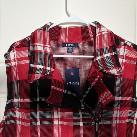 Women's Chaps Asymmetrical-Zip Plaid Vest 2X- Red - Picture 2 of 8